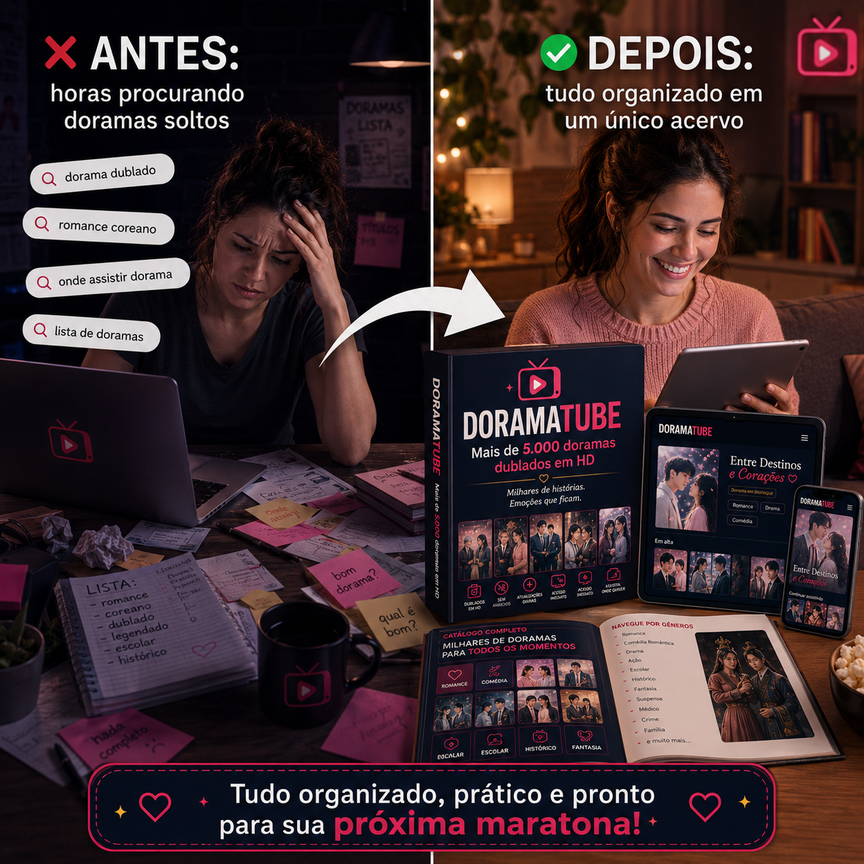 Colagem mostrando Google, YouTube, TikTok, grupos, redes sociais e listas aleatórias apontando para Biblioteca Doramatube